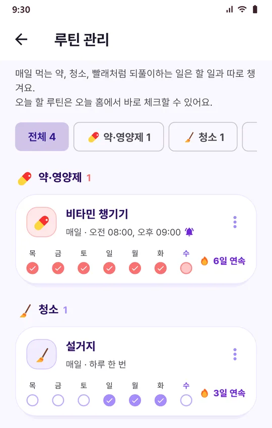 루틴 관리 화면: 약·영양제와 청소 분류별 루틴, 요일별 체크 표시와 연속 일수